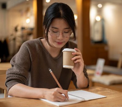 young girl sitting at a table in a coffee shop and writing in her notebook